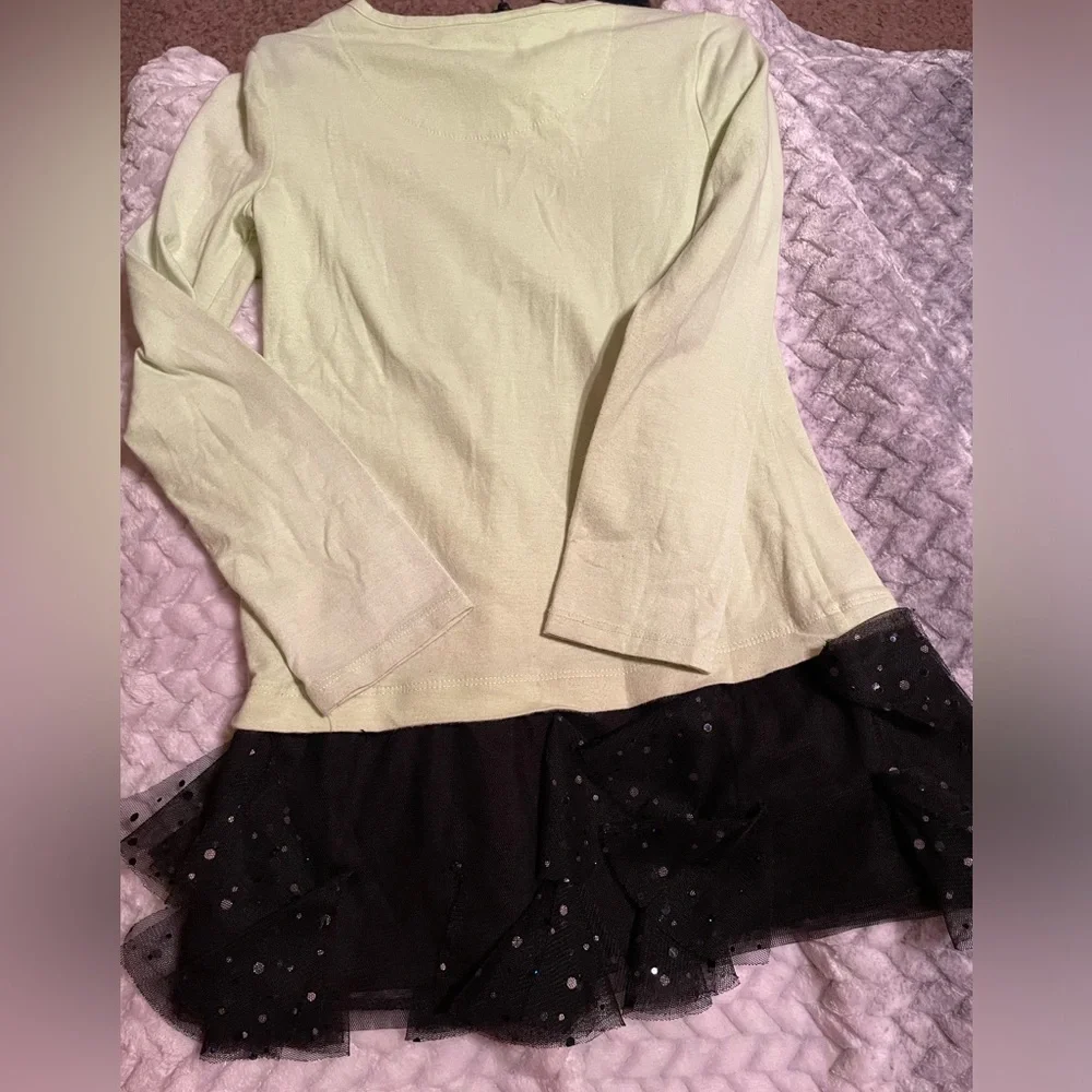 🌻 JUSTICE Girls frilly T-shirt dress long sleeves Green & black SZ 6 lace Heart